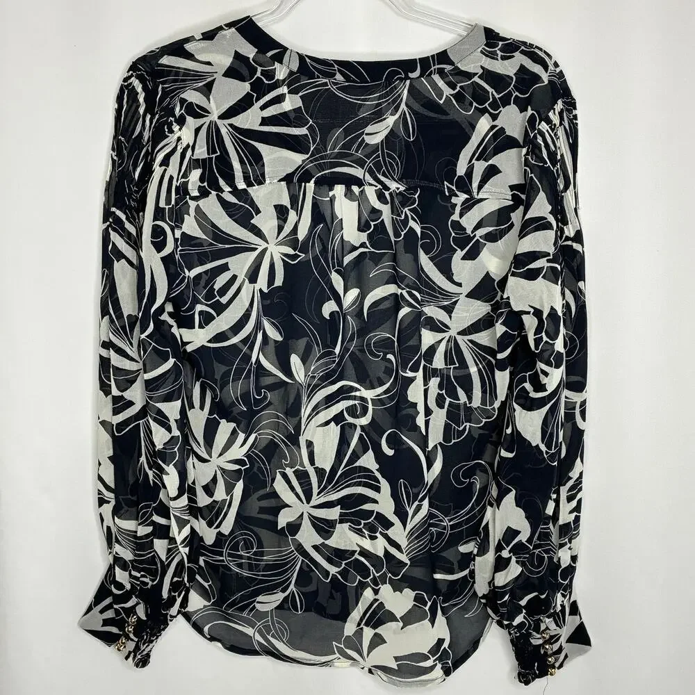 Chico's Navy Blue White Abstract Floral Sheer Button Up Blouse Chicos 1.5/ US M